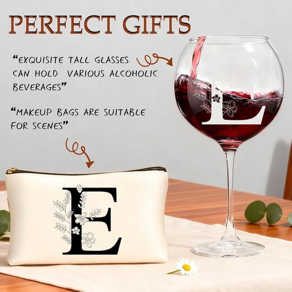 UYGDUY-Mothers day Gifts for Women, Monogrammed Wine Glasses with Makeup Bag, Unique Wedding White Elephant Gifts for Mom Dad Sister Teacher Wife Husband (E)