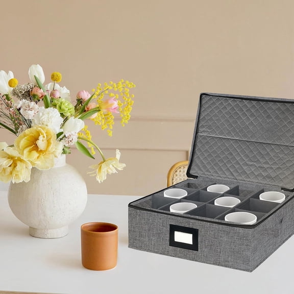 UYGDUY-Mug Coffee Storage Box with Dividers - Stackable Glass China Storage Containers Hard Shell with Lid, Label and Handles, Holds 12 Coffee Mugs and Tea Cups (Dark Grey)