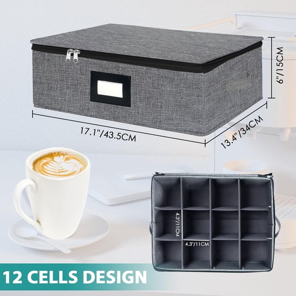 UYGDUY-Mug and Cup Storage Box with Dividers, Coffee Mug Storage Case China Storage Containers Hard Shell with Lid and Handles, Stackable for 12 Coffee Mugs, Tea Cups, Moving & Packing (Dark Grey)