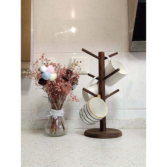 UYGDUY-Mug Holder Tree,Coffee Cup Holder with 6 Hooks, Wood Mug Rack for Counter,Coffee Bar Accessories and Orgnizer Station(Brown)