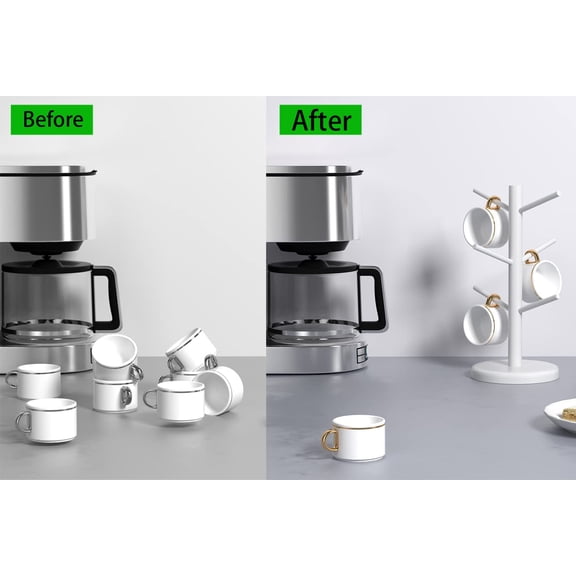 UYGDUY-Mug Holder Tree,Coffee Cup Holder with 6 Hooks, Wood Mug Rack for Counter,Coffee Bar Accessories and Orgnizer Station,White