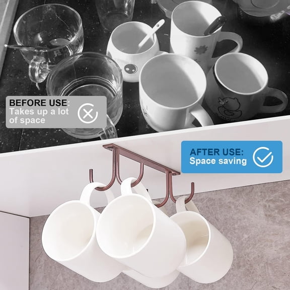 UYGDUY-Mug Rack Under Cabinet - Coffee Cup Holder, 12 Mugs Hooks Under Shelf, Display Hanging Cups Drying Hook for Bar Kitchen Utensils Brown