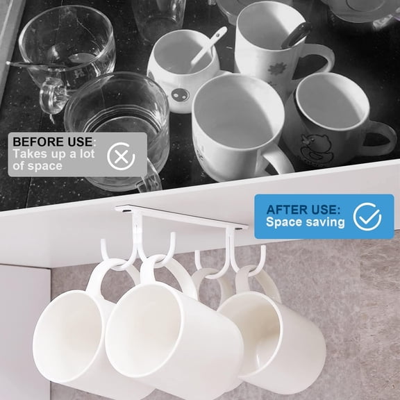 UYGDUY-Mug Rack Under Cabinet - Coffee Cup Holder, 12 Mugs Hooks Under Shelf, Display Hanging Cups Drying Hook for Bar Kitchen Utensils White