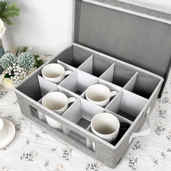 UYGDUY-Mug Storage Box, China Storage Containers Organizer Hard Shell with Dividers for 12 Coffee Mugs, Tea Cup, Moving & Packing (Grey)