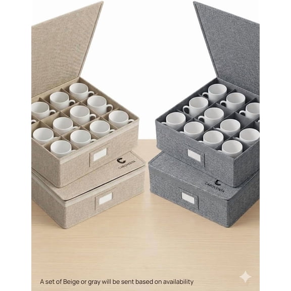 UYGDUY-Mug Storage Box Set of 2 with Lid  12 Compartment Coffee Cup Organizer for Cabinet & Pantry  Stackable Linen-Style Storage with Dividers, Handles & Label Window (Beige & Gray, Assorted)