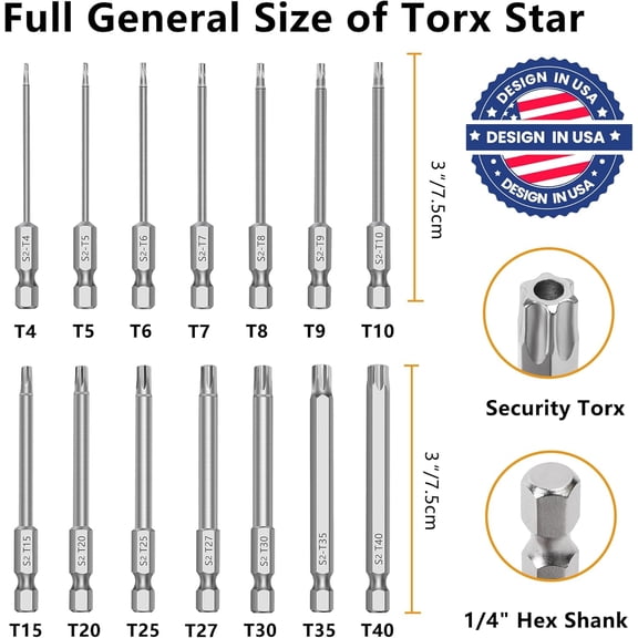 UYGDUY-MulWark 14PC Security Torx Bit Set 3" Long Tamper Proof Star Screwdriver Bit Set 1/4" Hex Shank S2 Steel T4 - T40 Magnetic Impact Driver Drill Bits