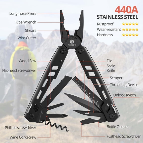 UYGDUY-Multitool 17-in-1 Stainless Steel Multi Tool with Pocket Knife Needle Nose Pliers Bottle Opener Screwdriver Self-Locking Professional Multi-Tool for Outdoor Survival Gifts for Men(Black)