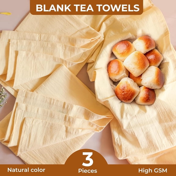 UYGDUY-Natural - Blank Plain - Linen Tea Towels For Kitchen - For Crafting Embroidery Baking Sourdough Bread Proofing - 100% Cotton Flour Sack Dish Towels - 18"X28" - 3 Pack - Heavy Weight High Threa