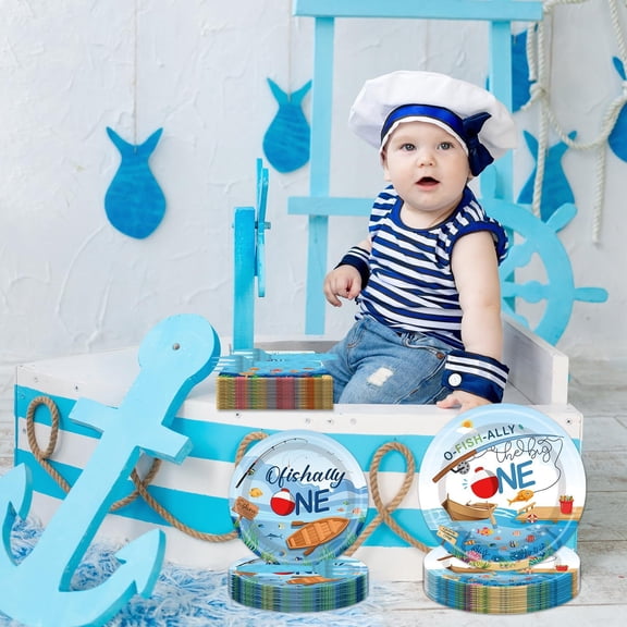 UYGDUY-Ofishally One Birthday Party Decorations- 96PCS O Fishally One Plates and Napkins Party Supplies Fishing First Birthday Decorations 1st Fish Themed Disposable Paper Tableware Set Serves 24 Gue