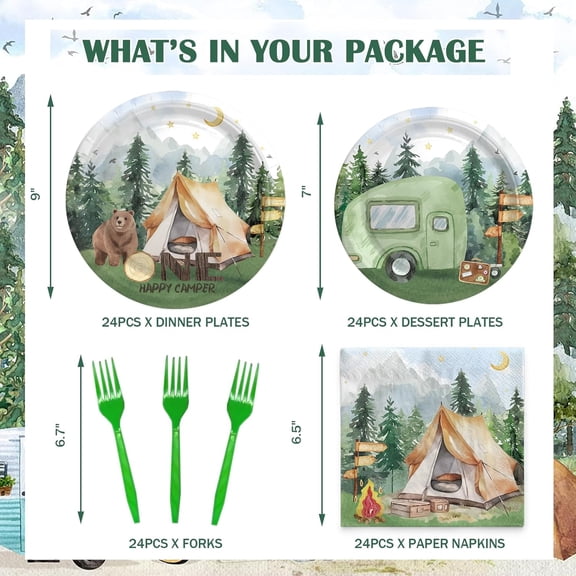 UYGDUY-One Happy Camper Camper Themed Tableware Set, First Birthday Party Decorations, Camping 1st Birthday Party Decorations, Serves 24 Guests Green