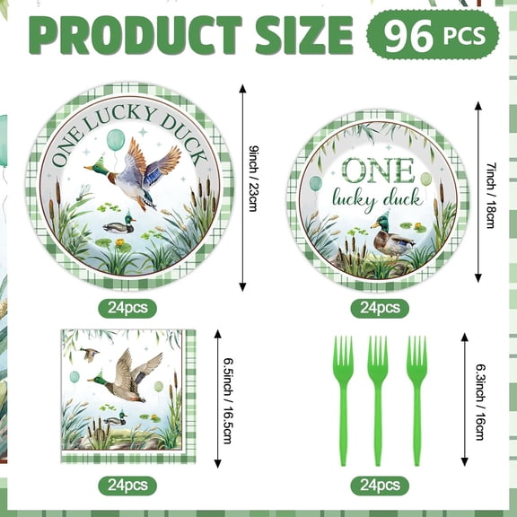 UYGDUY-One Lucky Duck Decorations - 96 Pcs Mallard Duck 1st Birthday Tableware Set, Disposable Hunting First Birthday Paper Plates Napkins Forks, Happy 1 Year Old Party Supplies, Serves 24 Guests