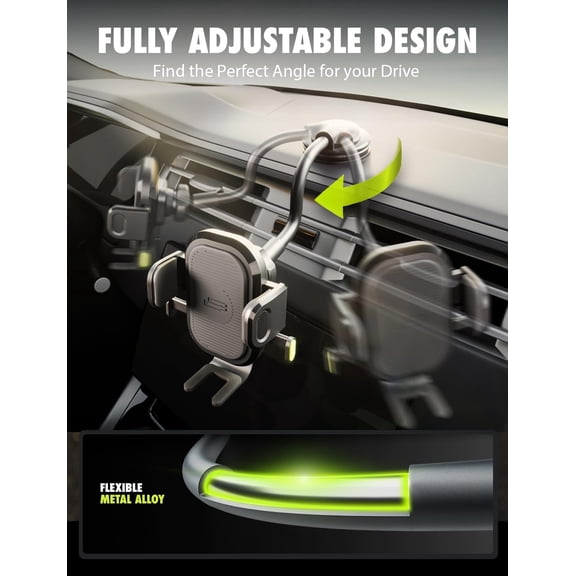 UYGDUY-OneClick Flexible Cell Phone Car Holder, 360 Rotation Dual Mount Dashboard & Vent for All iPhone, Android & Smartphone, Adjustable Gooseneck with Secure Suction Cup for Hands-Free Driving