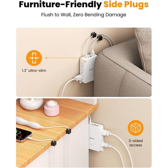 UYGDUY-Outlet Splitter with 6 AC Side Outlets, Flat Wall Outlet Extender with PD 20W USB C, 3-Sided Electrical Outlet Extender with 4 Cable Clips for Behind Couches, Nightstands, Desks, TV