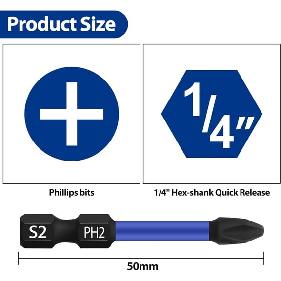 UYGDUY-PH2 Screwdriver Bit Set 10Pcs, Phillips Bits PH2, 1/4" Hexagon Bit, Length: 50mm