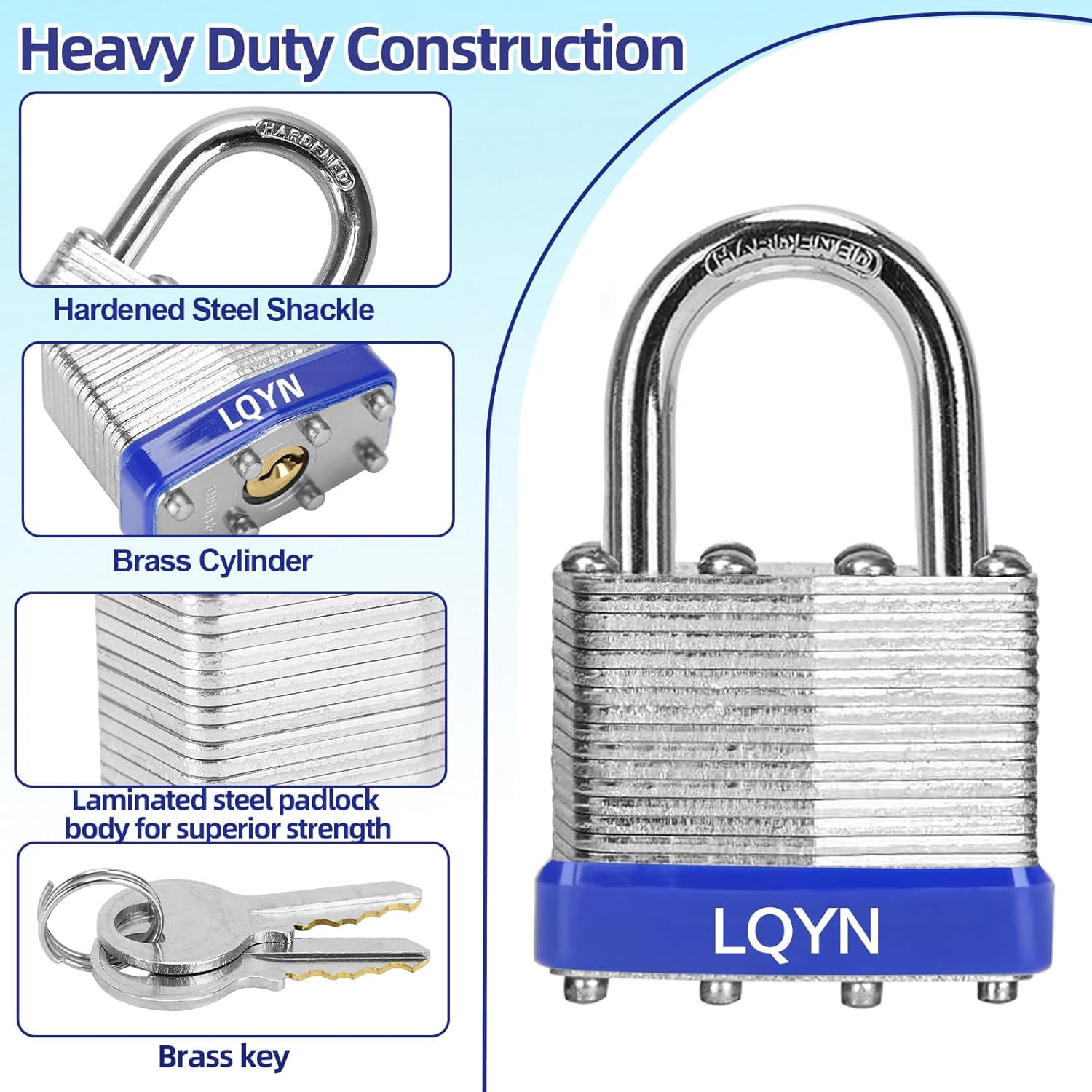 LQYN 6 Pcs Keyed Alike Padlocks – 1-9/16" (40mm) Laminated Steel Lock, Long Shackle, Includes 12 Keys – Perfect For Storage Lockers, Toolboxes, Sheds, Gates