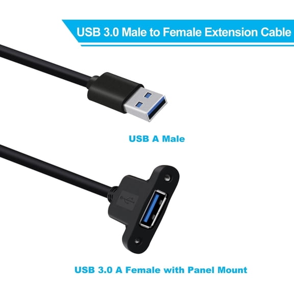 UYGDUY-Panel Mount USB A 3.0 Extension USB Panel Mount Cable 5Gbps Data Transmit and Power Supply for Laptops PC, Car Boat Dashboard Panel (USB A, 0.3 m/ 1 ft)