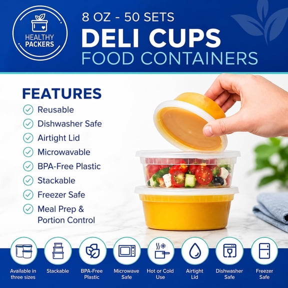 UYGDUY-Plastic Deli Containers with Lids (8oz 50 Sets) - Clear Plastic Containers with Airtight Lids - Great for Your Slime Kit, Food - BPA Free | Leakproof - Microwaveable & Freezer Safe