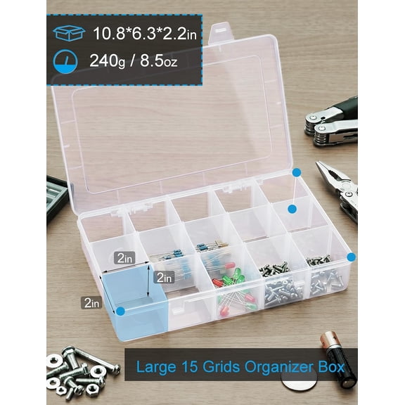UYGDUY-Plastic Organizer Box with Dividers Bead Organizer 15 Large Grids Tackle box Organizer Clear Snackle Box Container