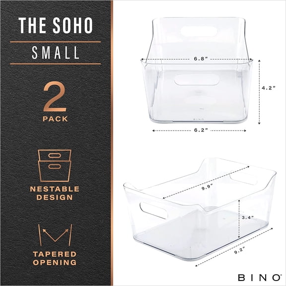 UYGDUY-| Plastic Storage Bins, Small - 2 Pack, Clear | THE SOHO COLLECTION | Pantry Organizers and Storage Containers Fridge Organizer Bins Kitchen Cabinet Organizer Medicine Cabinet Bin