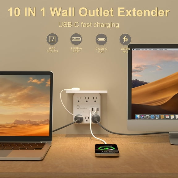 UYGDUY-Power Charger with Shelf, Wall Outlet Extender Surge Protector with 6 AC Outlets, 4 USB Ports(1 USB C) Plug Expander Charger Shelf with Storage for Home, Dorm