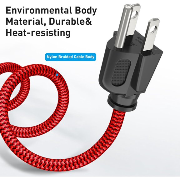 UYGDUY-Power Cord, 10A 18AWG AC Power Cable 10FT(3m) Nylon Braided 3 Prong Power Cord Replacement Power Cable UL Certified for Computer, TV, Monitor, Printer, PC, Projector, Power Supply - Red