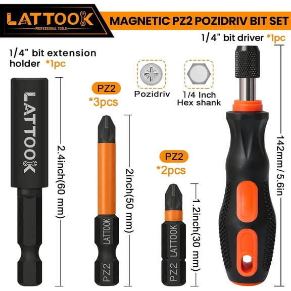 UYGDUY-Pozidriv Bit Set with Quick Release Bit Driver, 6-Piece PZ2 Bits Pozi Pozidriv Screwdriver, S2 Steel with Magnetic, 2'' & 1'' Long