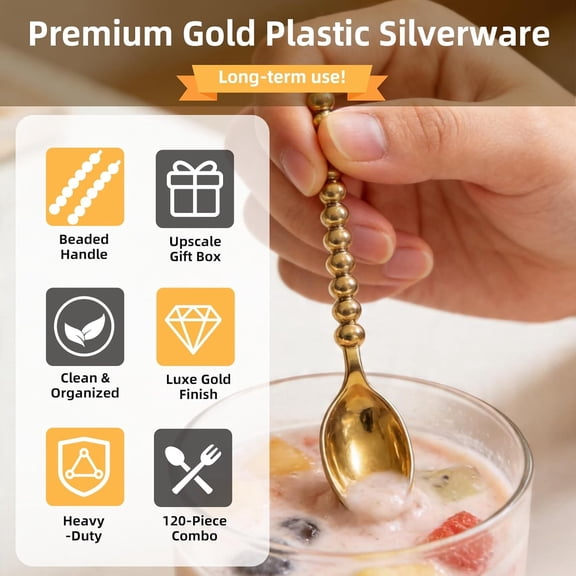 UYGDUY-Premium 120-Piece Gold Mini Dessert Spoons with Beaded Handle, 4.4 Inch BPA-Free Plastic, Appetizer Utensils for Parties, Charcuterie Boards & Tasting Events,Wedding Reception & Party Supplies