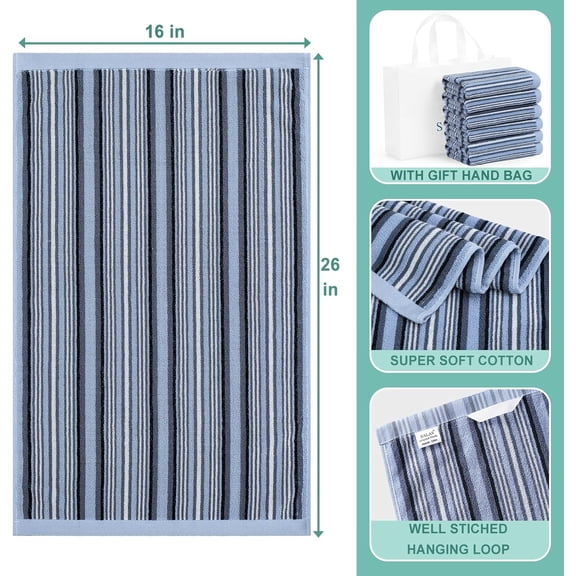 UYGDUY-Premium Kitchen Dish Towels for Drying Dishes, Large Cotton Kitchen Towels, Stripped Terry Dish Cloths, Thick Highly Absorbent Towel Sets with Hanging Loop, 16" X 26", 6 Packs Blue