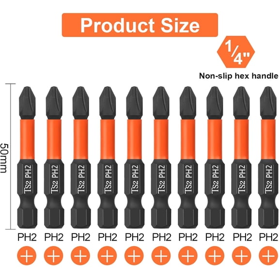 UYGDUY-Pro PH2 Screwdriver Bit Set - Phillips Screwdriver 10 Pieces, 50mm length, 1/4" hex shank bit assortment, with Storage Box