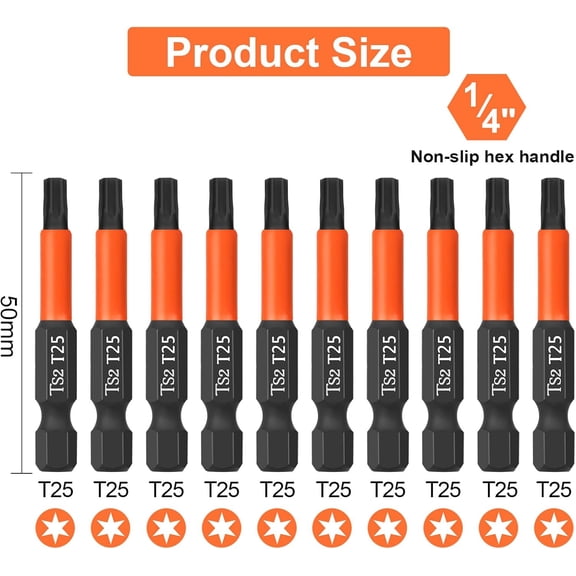 UYGDUY-Pro T25 Screwdriver Bit Set - Torx Screwdriver 10 Pieces, 50mm Length, 1/4" Hex Shank Bit Assortment, with Storage Box