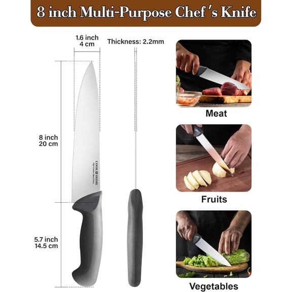 UYGDUY-Professional Chef's Knife Multi-Purpose, Straight Edge High Carbon Stainless Steel Sharp Kitchen Knife, Ergonomic Handle, 8-Inch, Black