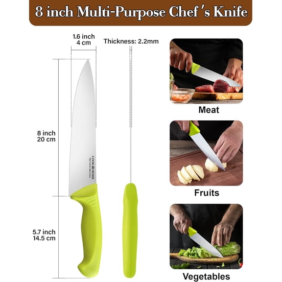 UYGDUY-Professional Chef's Knife Multi-Purpose, Straight Edge High Carbon Stainless Steel Sharp Kitchen Knife, Ergonomic Handle, 8-Inch, Green
