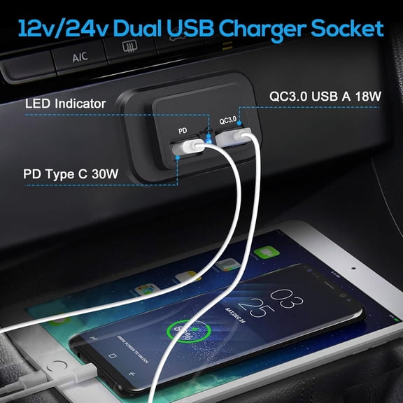 UYGDUY-RV USB Outlet, 12V/24V USB Charging Port, 30W PD USB-C & 18W QC3.0, Panel Mount for Camper Marine Boat