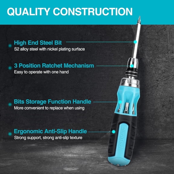 UYGDUY-Ratcheting Screwdriver, 12-in-1 Multi-bit Screw Drivers, Premium S2 Steel, Innovated Bits Quick-Load Mechanism, with Phillips, Slotted, Torx, Square Bits Stored in Handle