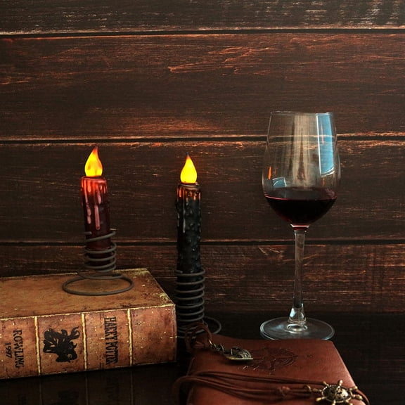 UYGDUY-Real Wax Hand Dipped Battery Operated LED Timer Taper Candles Country Primitive Flameless Lights Dcor, 4-3/4 Inch, Burgundy, 2 PCS in a Package
