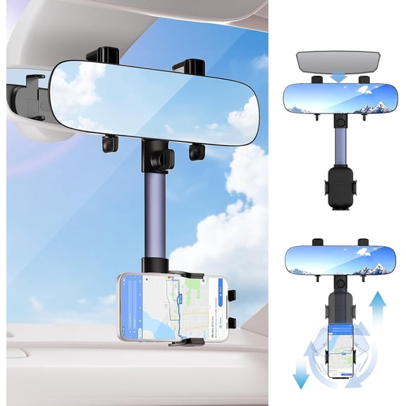 UYGDUY-Rear View Mirror Phone Holder, 2025 Blue HD Panoramic 11.8'' Rearview Mirror with 360 Adjustable Phone Holder for Car SUV Trucks, 2 in 1 Cell Phone Car Mount for iPhone Android All Smartphone