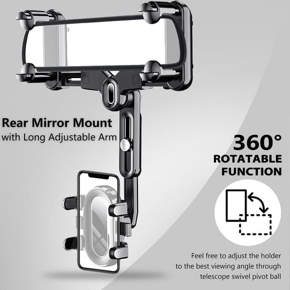 UYGDUY-Rearview Mirror Phone Holder for Car, 360 Rotating Rear View Mount with Adjustable Arm Length, Upgraded Four Corners Fixed Anti-Shake Multifunctional Design for All Smartphones