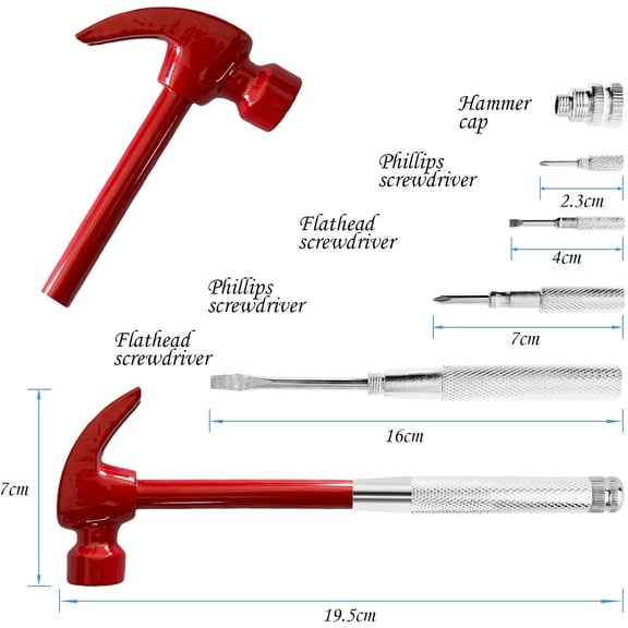 UYGDUY-Red 6 in 1 Multitool Mini Hammer & Screwdriver Set - Camping Hand Tools with Metal Hammer Head