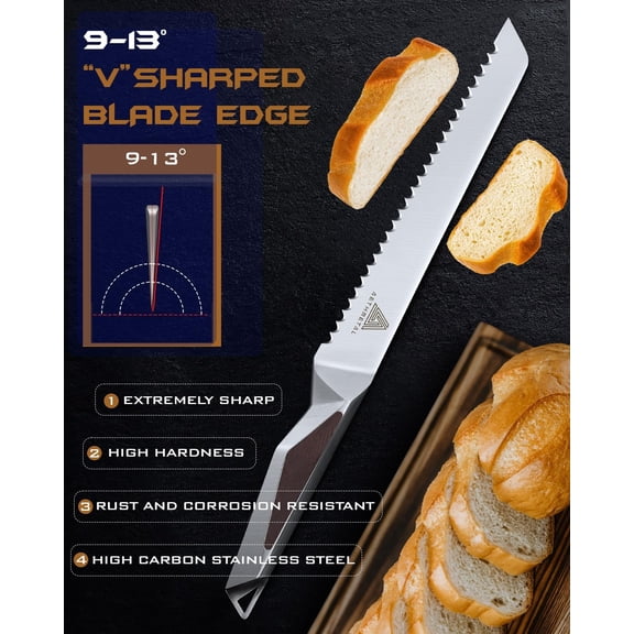 UYGDUY-Resharpenable 8-Inch Bread Knife  Multifunction Serrated Knife with Wavy Edge, High-Carbon German Stainless Steel & Full Tang for Efficient Homemade Bread Slicing