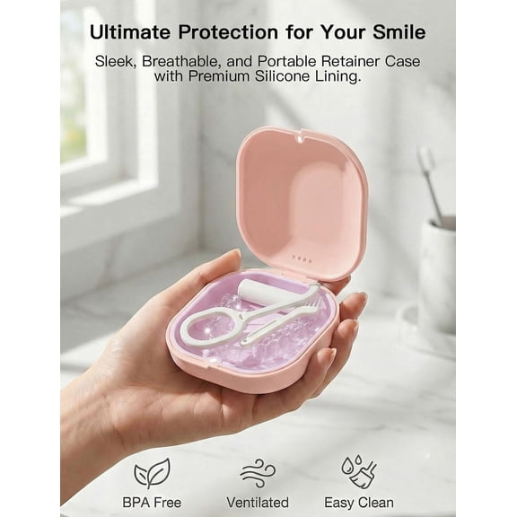 UYGDUY-Retainer Case with Vent Holes, Aligner Case for Invisalign, Portable Aligner Kit, Removable Silicone Liner, Orthodontic Storage Box Secure Magnetic Closure for Travel - Pink