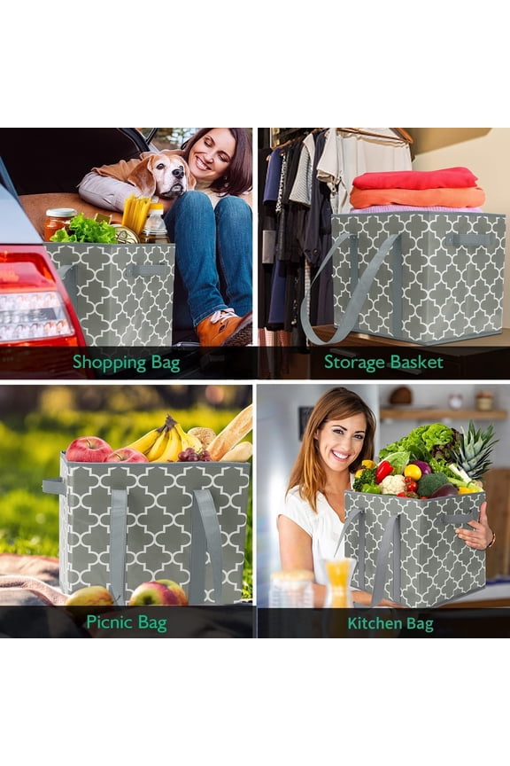 -Reusable Grocery Bags 2-Pack Foldable Washable Storage Bins Basket Water Resistant Shopping Utility Tote Bag Grey