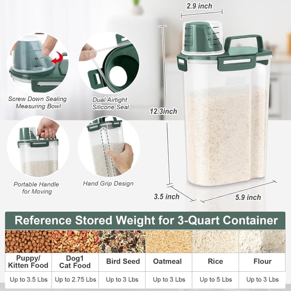 UYGDUY-Rice Storage Container 3 to 5 Lbs - Small Pet Dog Cat Food Container Dispenser with Easy Pouring Spout & Cup, Portable Cereal Container for Small Spaces, Travel, or Daily Use -Dark Green