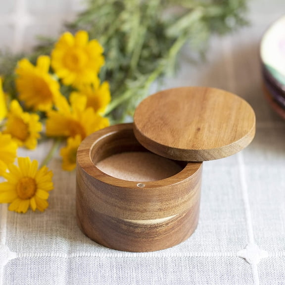UYGDUY-Rock & Branch Acacia Wood Salt Cellar Storage Box with Magnetic Swivel Lid, 6 Ounce Capacity