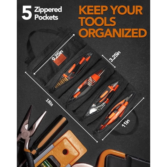 UYGDUY-Roll Up Tool Bag, 16OZ Canvas Wrench Roll Up Pouch Multi-Purpose Tool Roll Organize, 5 Zippered Tool Pockets (Black)