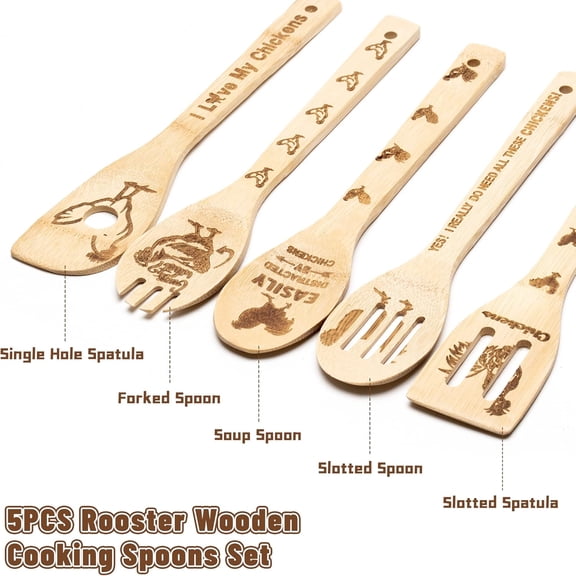UYGDUY-Rooster Chicken Wooden Spoons Utensils Set - 5Pcs Non-Stick Cooking Utensils Carve Burned Bamboo Spoons Spatula Kitchen Cookware Gadget Decor Kit Farmhouse Housewarming Present Gift for Parent