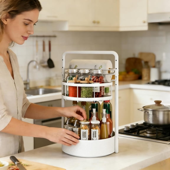 UYGDUY-Rotating Spice Rack with Paper Towel Holder, 2 Tier Turntable Lazy Susan, Seasoning Organizer for Kitchen Countertop Cabinet, White