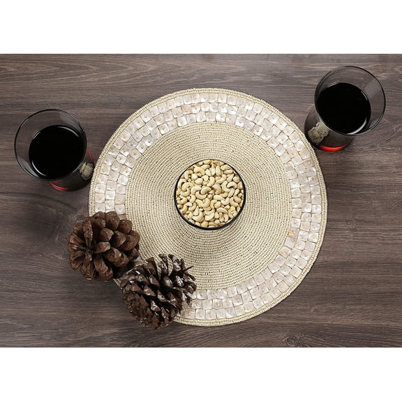 UYGDUY-Round Beaded Placemats - 13" Round Dining Mat Handcrafted Glass Beads & Polyester Backing Table Mats for Dining Table, Home, Wedding Single Pack (Ivory) - ALPHA Living HOME