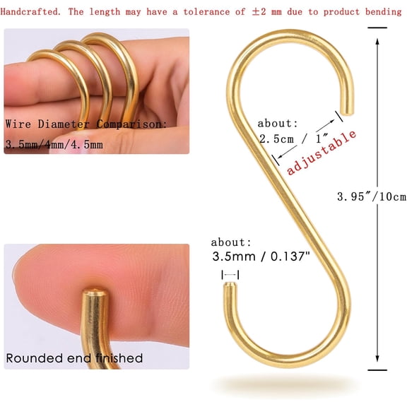 UYGDUY-S Hooks Heavy Duty Brass 12 Pack - 4 Inch Large Metal Hanging Hooks for Kitchen Pots Pans, Closet Organization, Coffee Mug Holder, Garage Storage Rack (0.3cm/0.177" Wire Diameter)