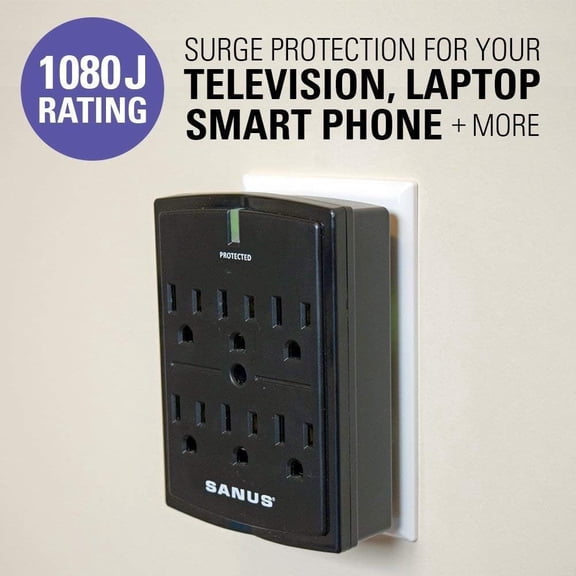UYGDUY-SANUS On-Wall Low Profile 1080J Fireproof Surge Protector with 6 AC Outlets & 3 Lines of Protection - Includes Power Signal Filtering Black