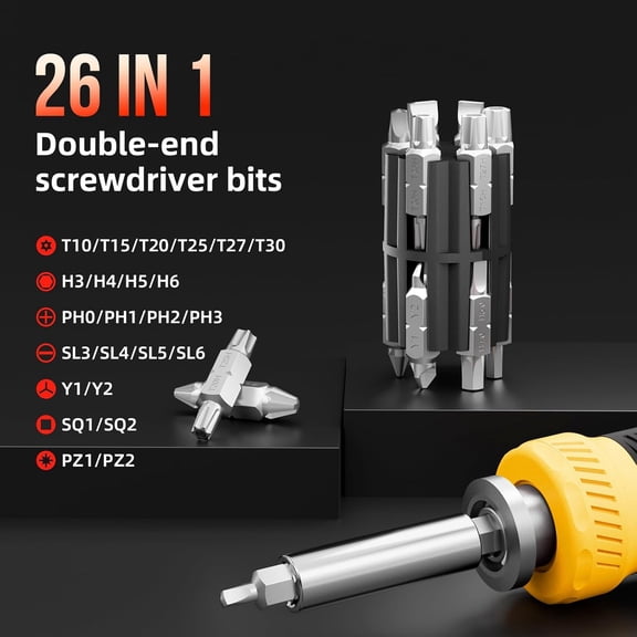 UYGDUY-SHARDEN Multi Screwdriver 26 in 1 Screw Driver Set All in One Telescoping Multi Tool with 12 Double Ended CRV Bits Phillips Slotted Torx Hex Portable Repair Kit for Home Furniture Bike Compute